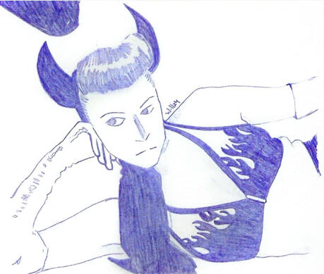 Chica con turbante de demonio apoyada