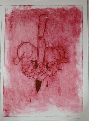 (A) Punta seca mano apuñalada rojo