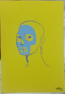 Serigrafía chico cara azul en amarillo 4€