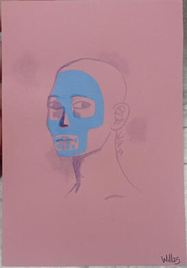 Serigrafía monotipo chico cara azul en rosa 4€