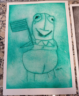 Punta seca Gustavo con banderita con medio brazo - 8€